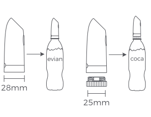 28 mm compatible bottle: connect directly. 25 mm compatible bottle: use the bottle adapter.
